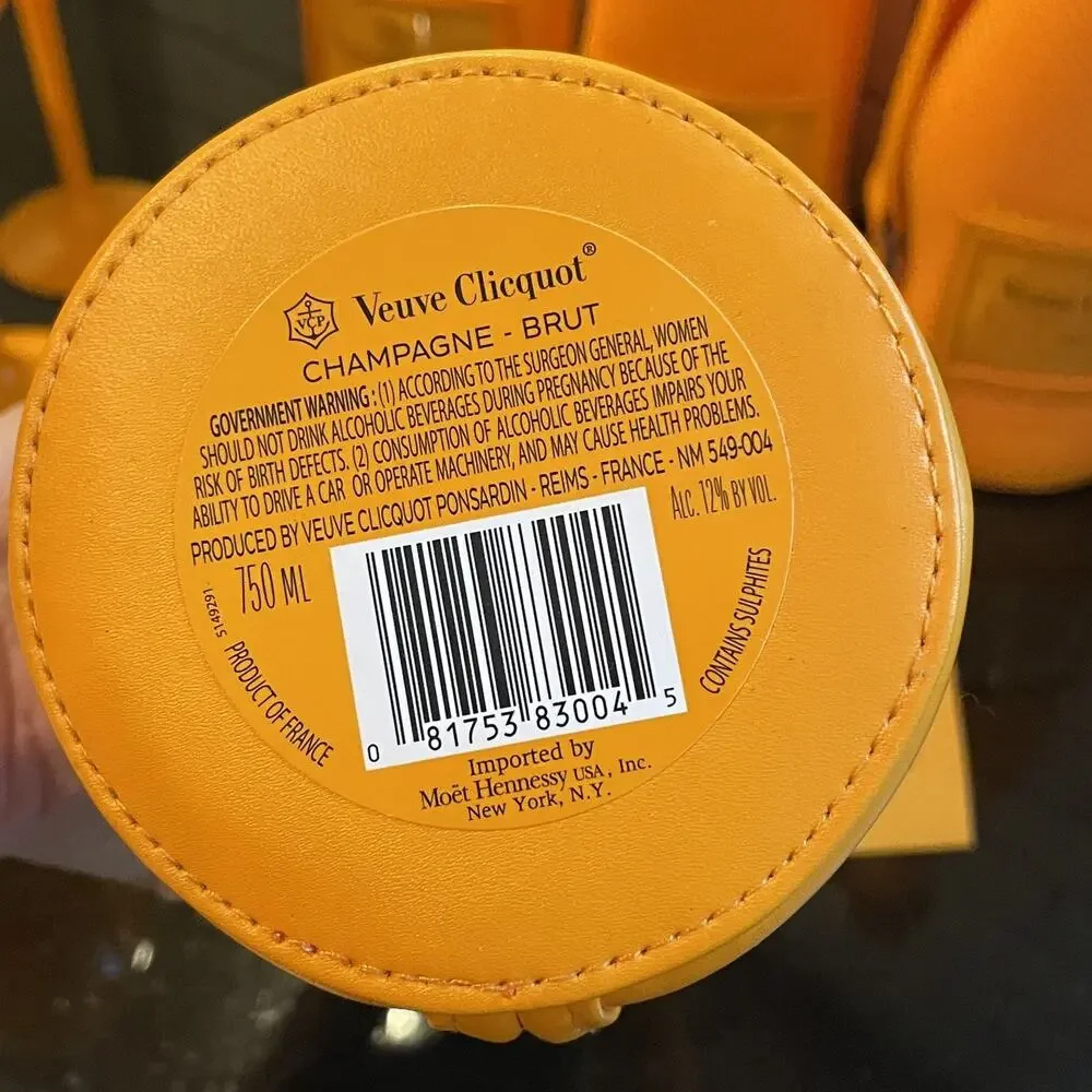 6 Veuve Clicquot Acrylic Plastic Champagne Orange Flutes & 4 Bottle Knit Jackets